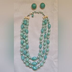 50s Hong Kong Fabulous Multi Strand Aquamarine Beaded Necklace & Earring Set